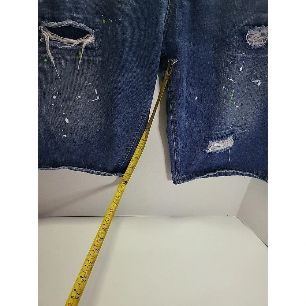 Jeanius‎ Akademiks Shorts Mens 40 Blue Paint Splatter Denim Distressed Baggy Y2K